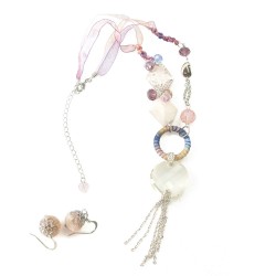 Amarath Pink Buds Ribbon Necklace and Earrings Set